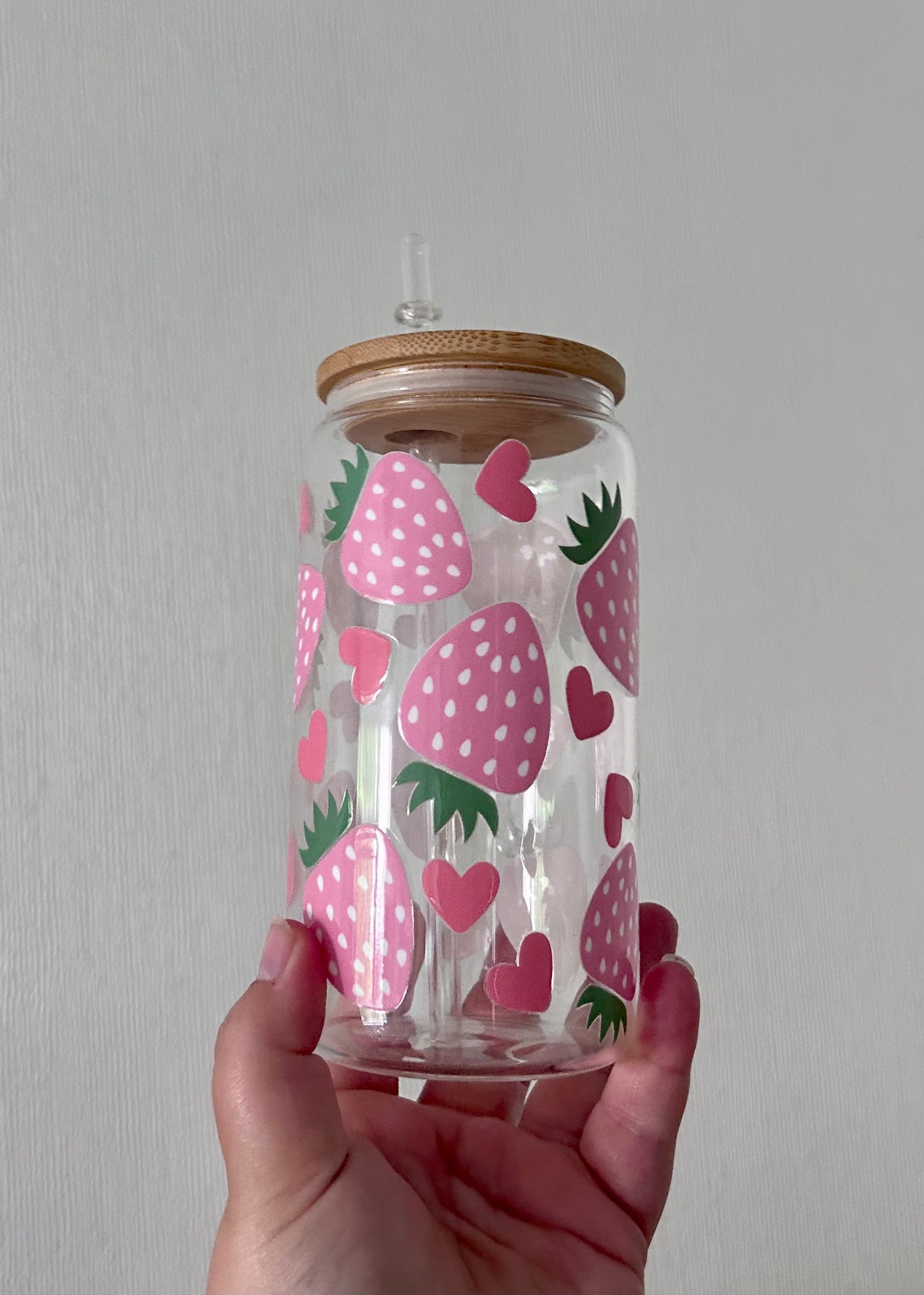 Pink Strawberry 16oz Glass Can