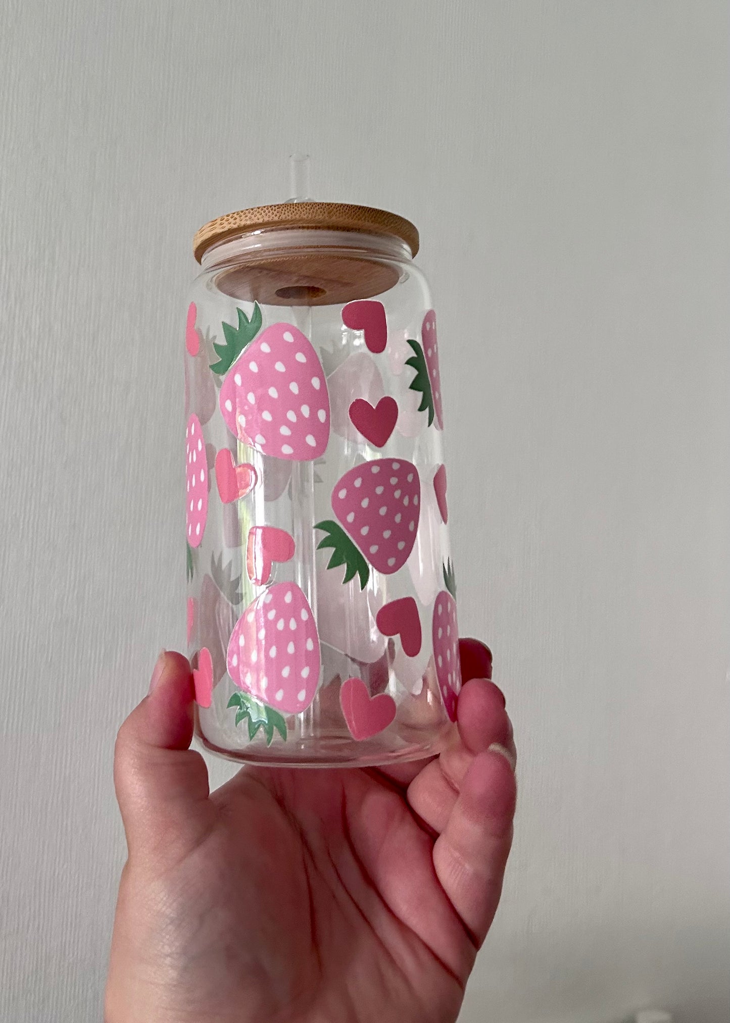 Pink Strawberry 16oz Glass Can