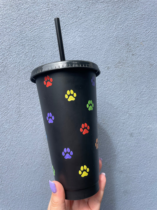 Black and Rainbow Paw Print 24oz Cold Cup