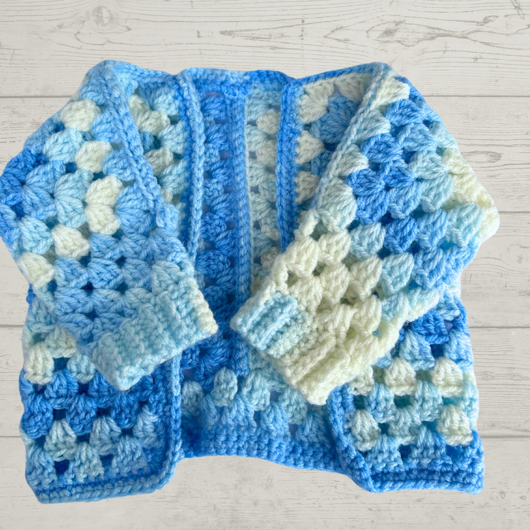 Blue and White Crochet Cardigan- 0-3 Months