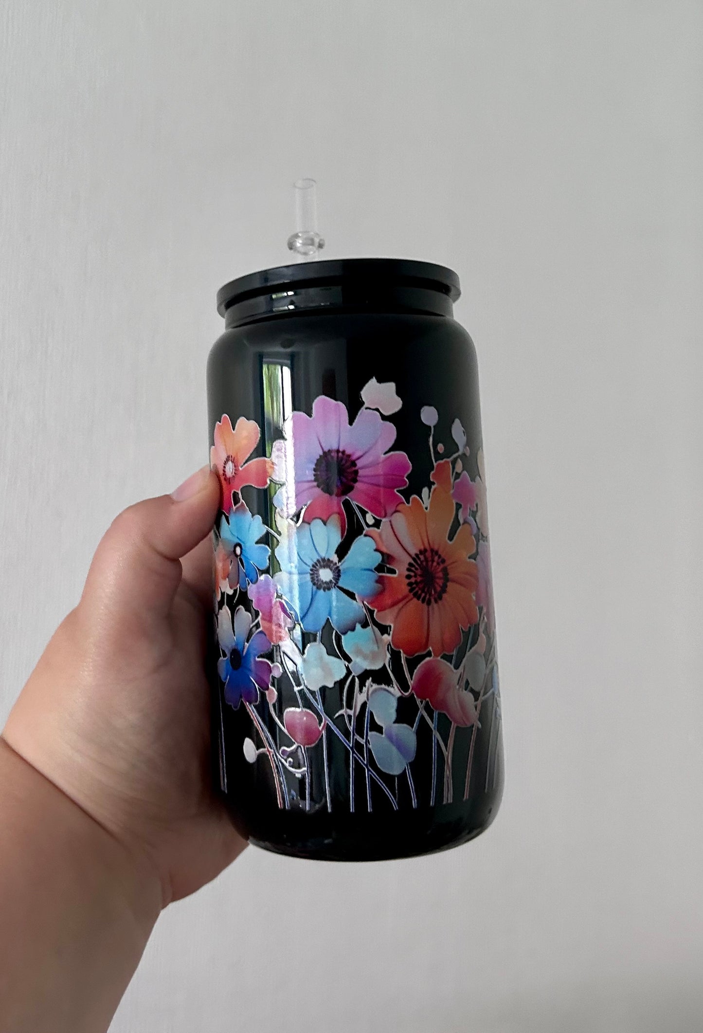 Floral Black 16oz Glass Can