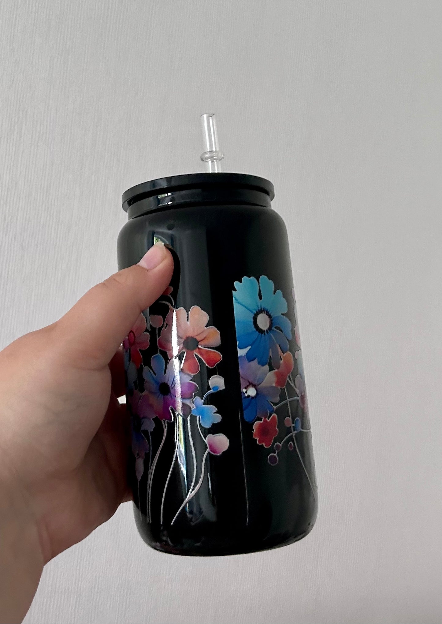 Floral Black 16oz Glass Can