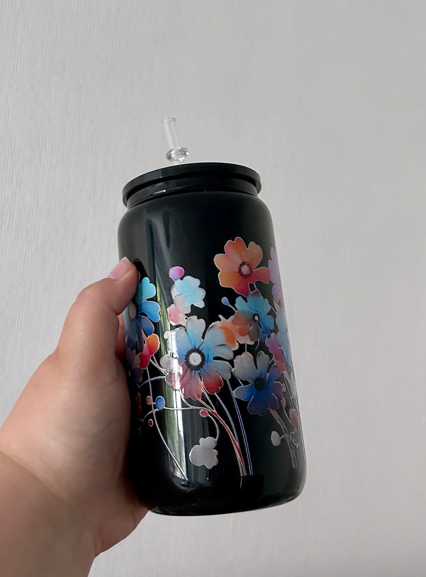 Floral Black 16oz Glass Can