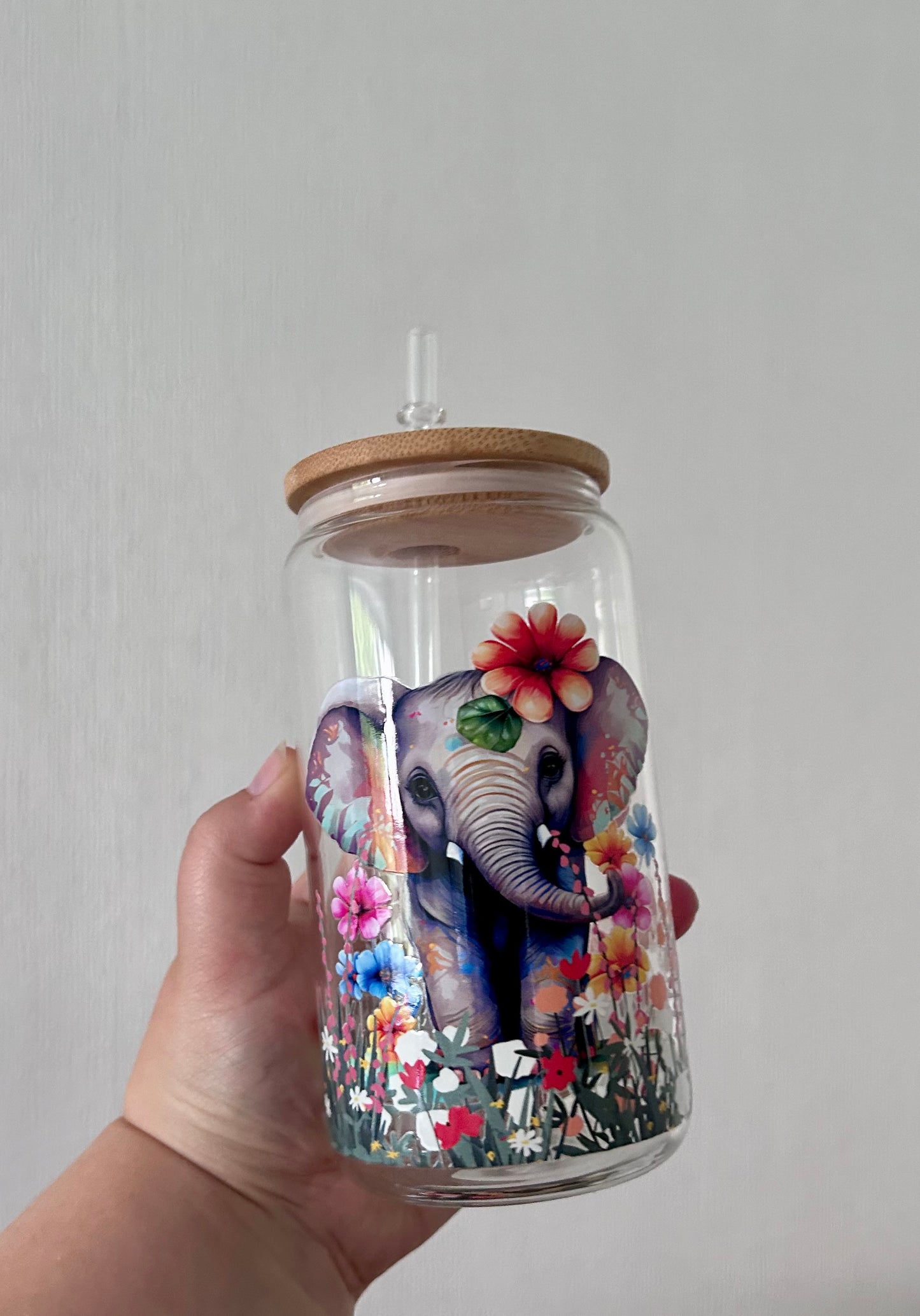 Elephant and Flowers 16oz Glass Can
