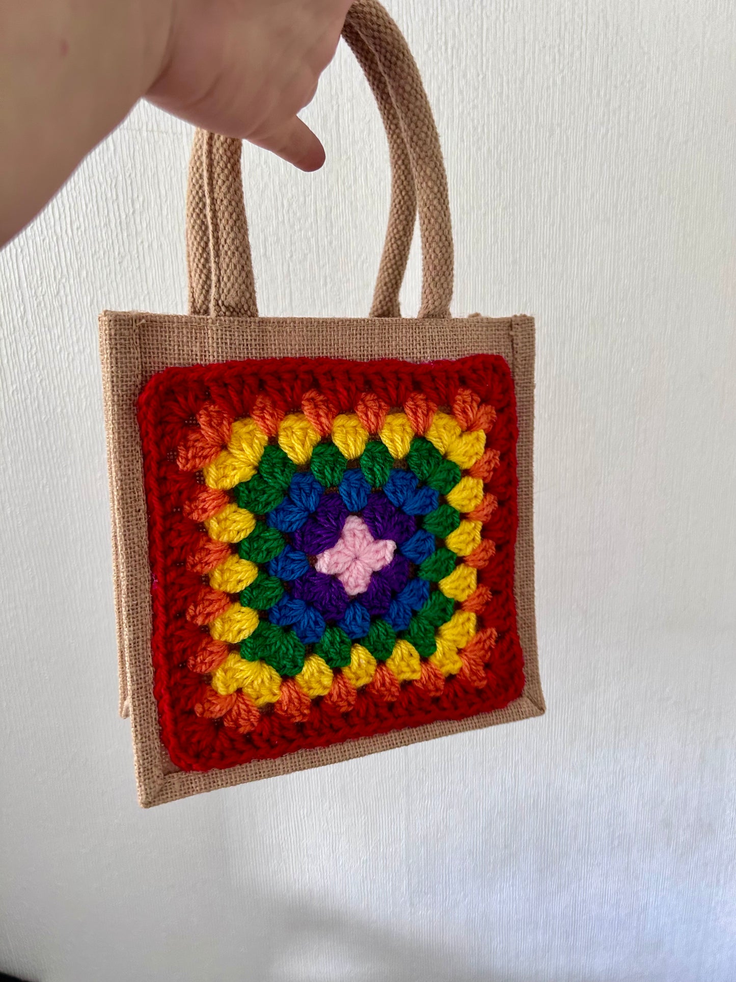 Rainbow Crochet Hessian Bag