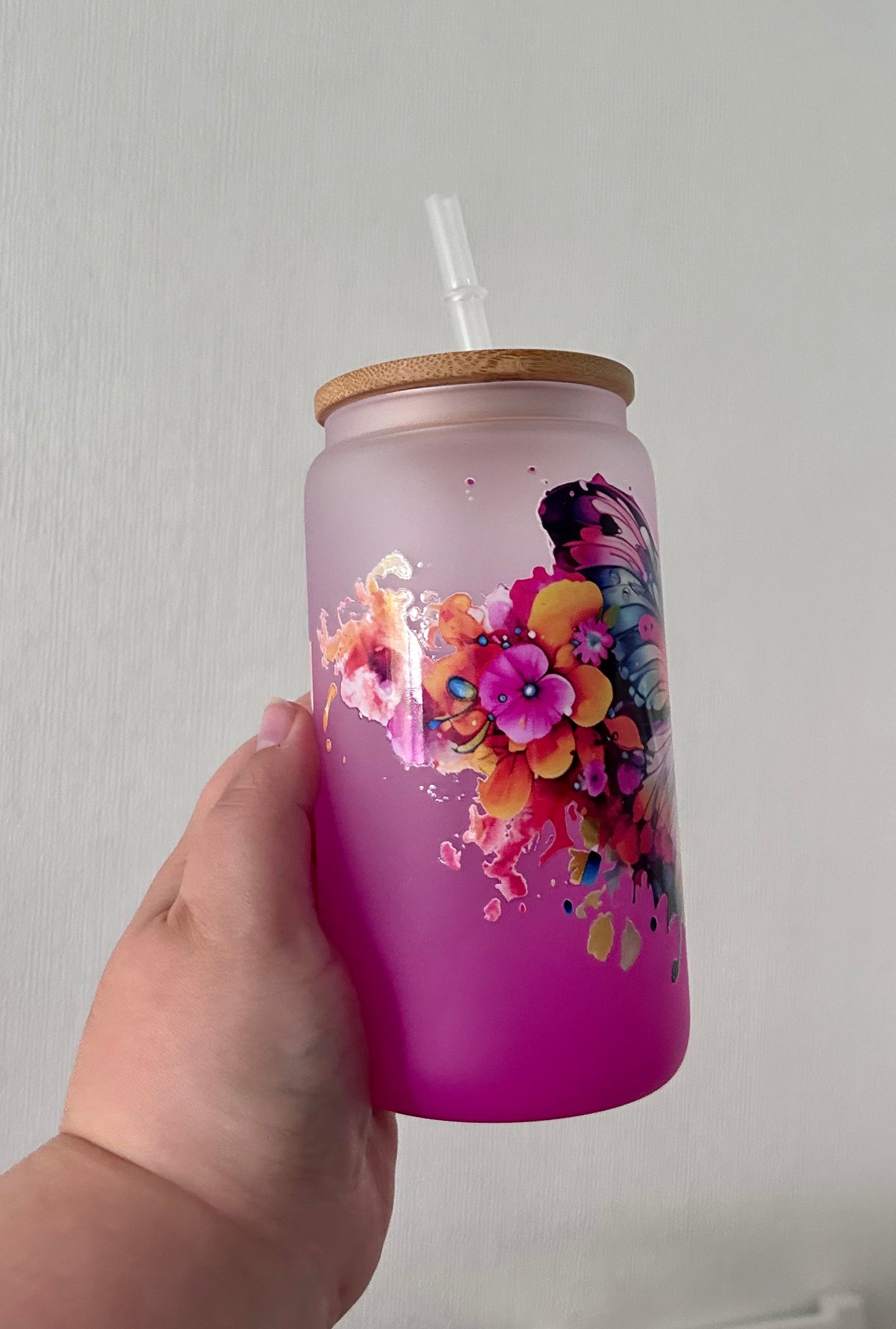 Butterfly Pink Ombre 16oz Glass Can