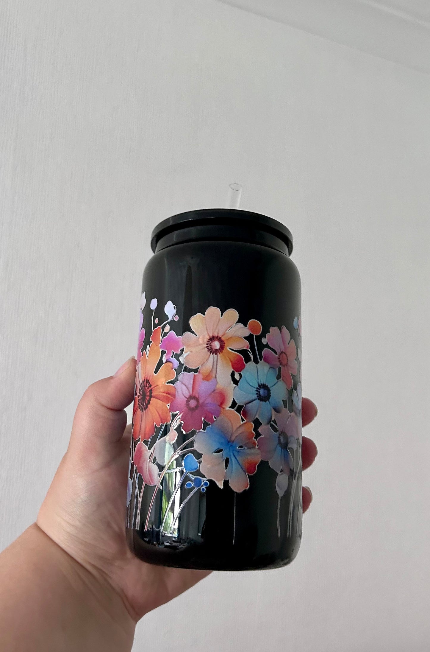 Floral Black 16oz Glass Can