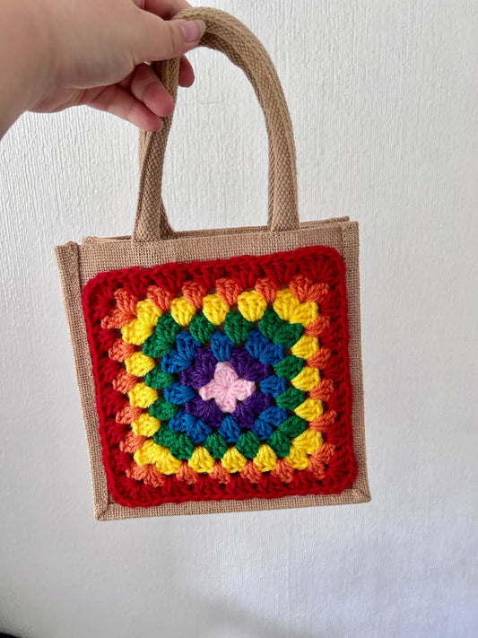 Rainbow Crochet Hessian Bag